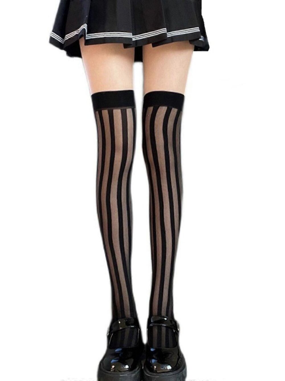 Women's Vertical Stripes Sheer Black Over Knee Thigh High Stockings Tights